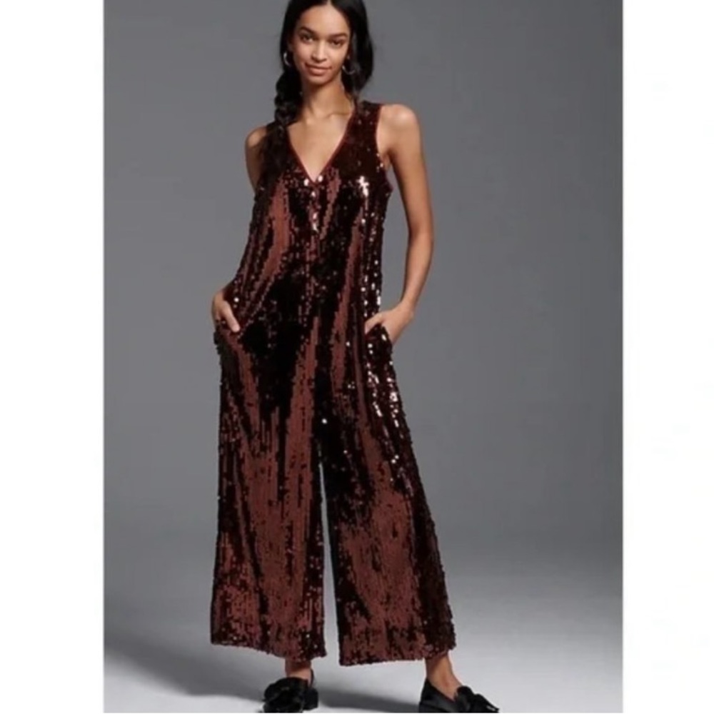 Anthropologie Maeve Sequin Jumpsuit Royale Copper Wide Leg